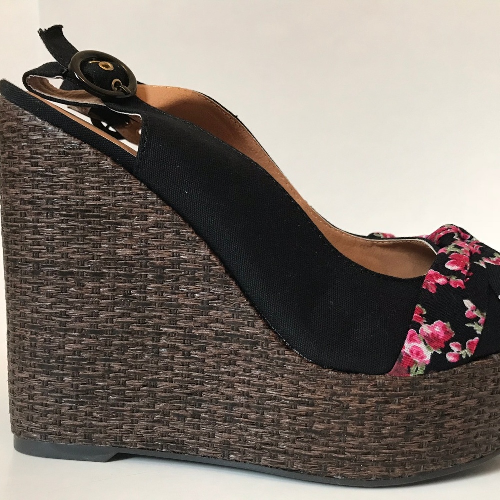 NWOB Qupid Black Canvas Bow Slingback Wedge - Picture 7 of 8